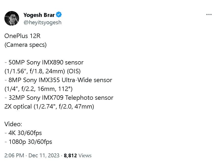 Technische Daten der OnePlus 12R-Kamera