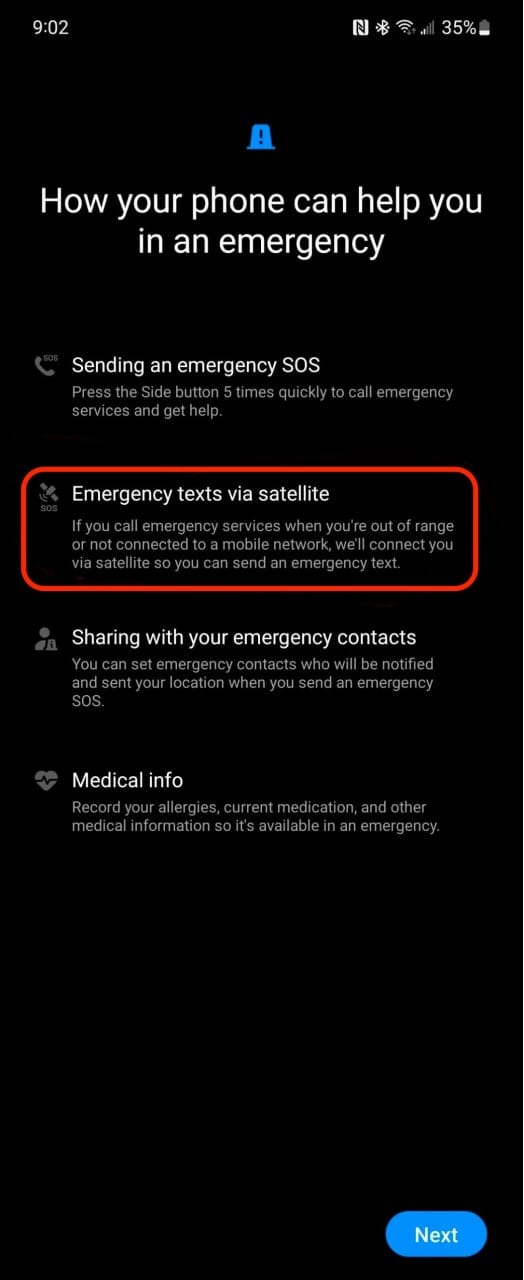 Notfall-Textleck für die Satellitenkonnektivität des Samsung Galaxy S24