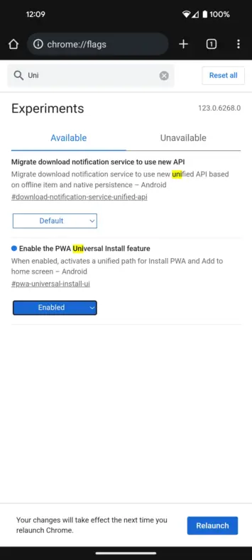 Google Chrome kennzeichnet PWA Universal Install