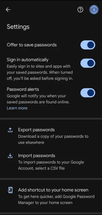 Importieren und exportieren Sie eine CSV-Datei in Google Password Manager Android