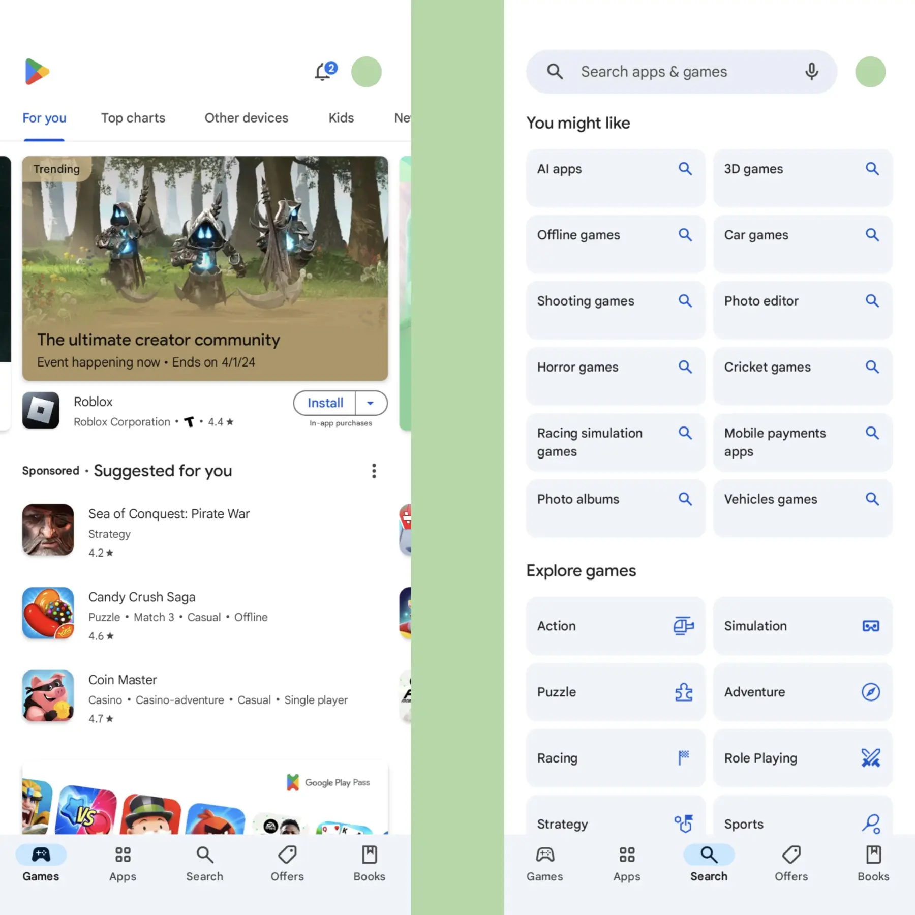 Neue Registerkarte „Suche“ im Google Play Store