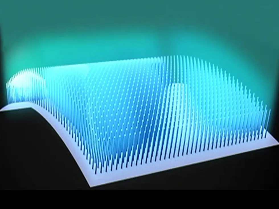 Ein Schema einer biegsamen blauen Mikro-LED, die durch das Aufwachsen vertikal ausgerichteter Galliumnitrid-Stäbe auf einem Graphenfilm hergestellt wird, der auf ein Kunststoffsubstrat übertragen wird