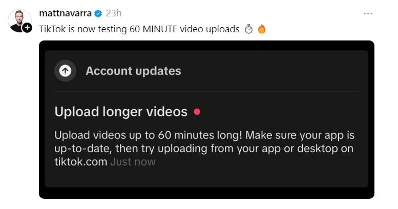 Thread-Beitrag zum neuen Video-Upload-Limit von TikTok.